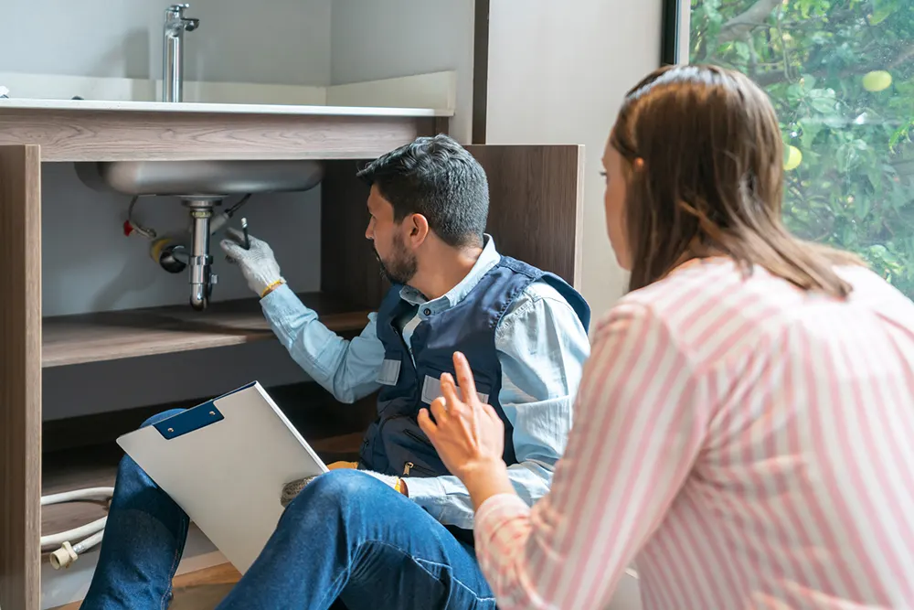 image of a female homeowner talking to a plumbing expert in her home